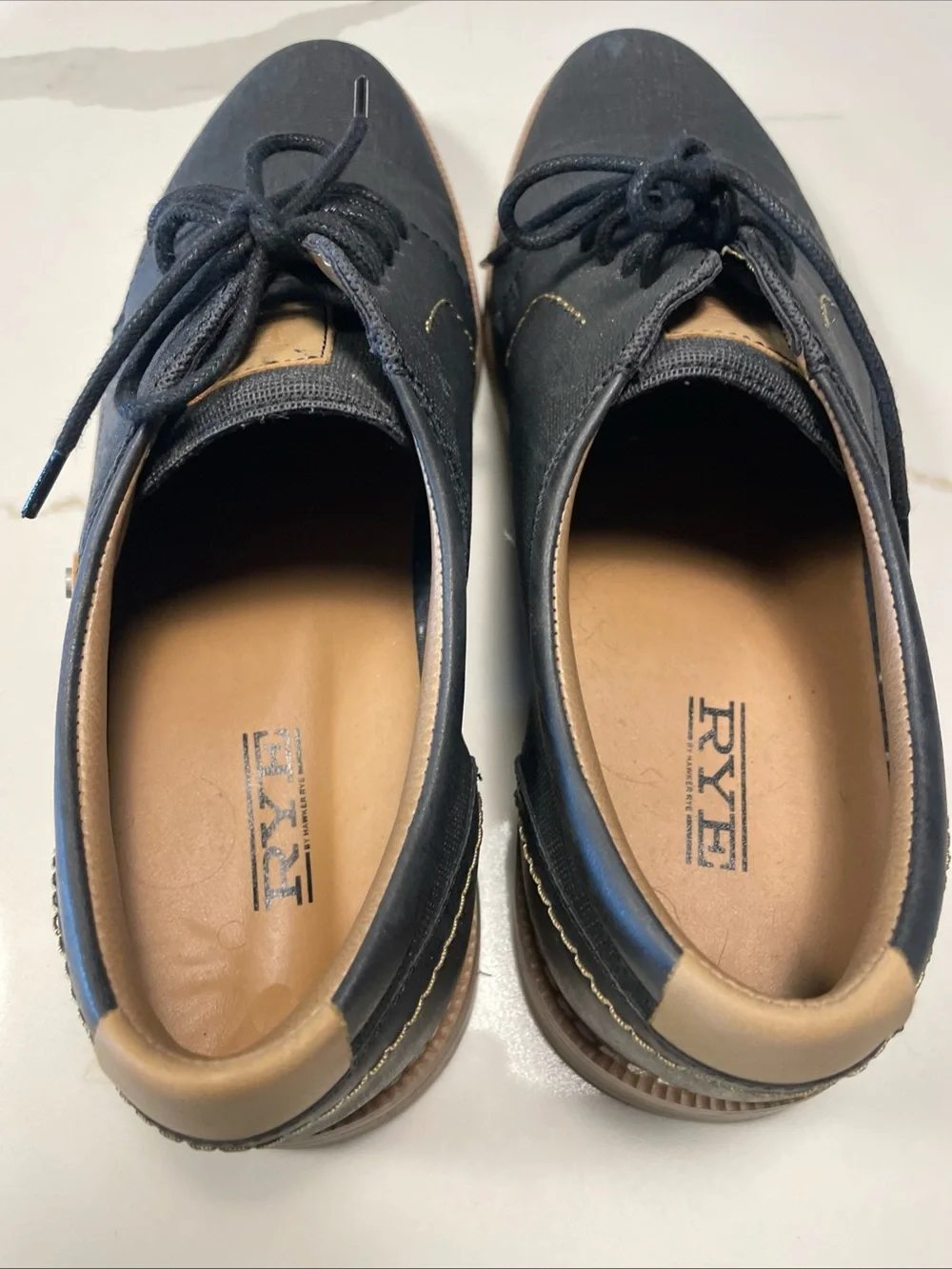 Rye Black Canvas Lace-Up Derbies with Tan Heel